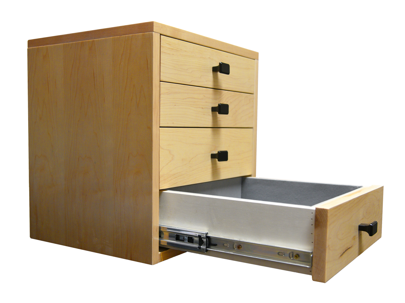 This four-drawer solid maple storage cabinet transforms open safe space into a beautifully organized home for jewelry, watches, heirlooms, and other valuables. 