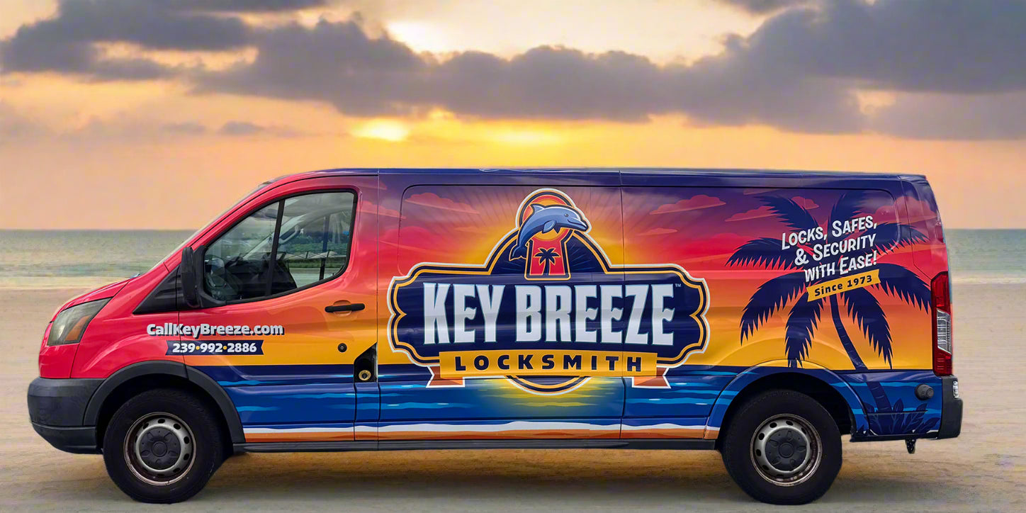 Key Breeze Locksmith van with colorful design in a parking lot.