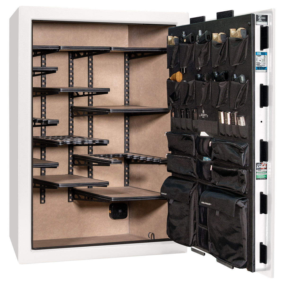 Franklin 45 | Pro Flex Interior | Level 5 Security | 110 Minute Fire Protection | Dimensions: 60.5"(H) x 42"(W) x 27.5"(D) | Up to 60 Long Guns | White Gloss Brass | Electronic Lock - Open